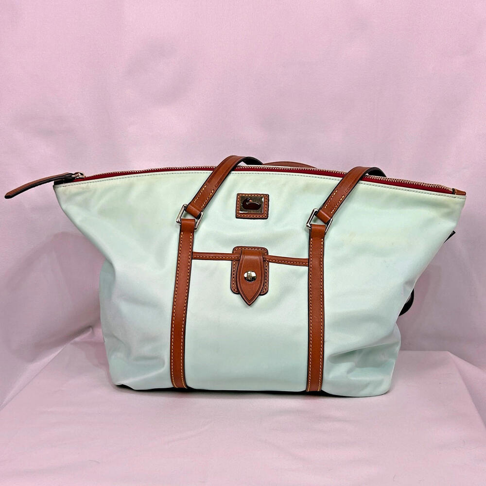 Dooney & Bourke Light Blue Nylon Large Tote Bag Brown Leather Trim Keyring